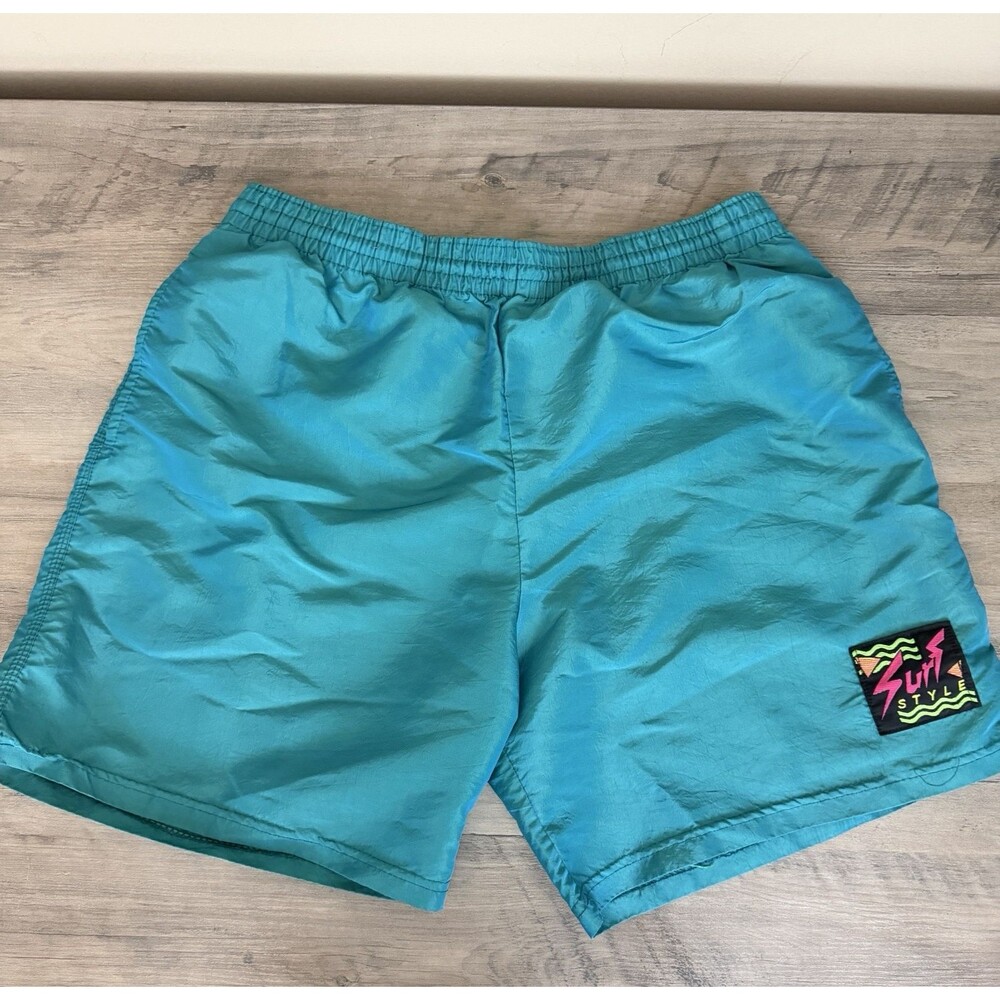 Surf Style Iridescent Interplanetary Shorts Mens L Teal Retro 90s Neon Trunks